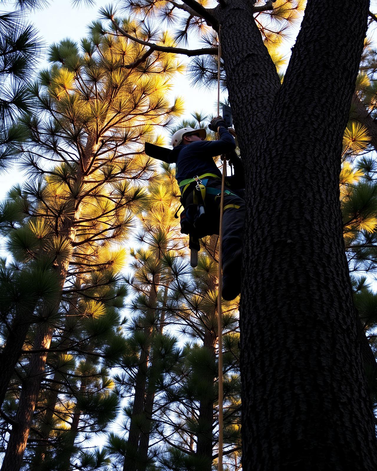 Certified arborist climbing pine tree